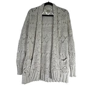 Lucky Brand Beige White Open Knit Crochet Open Front Cardigan Size L